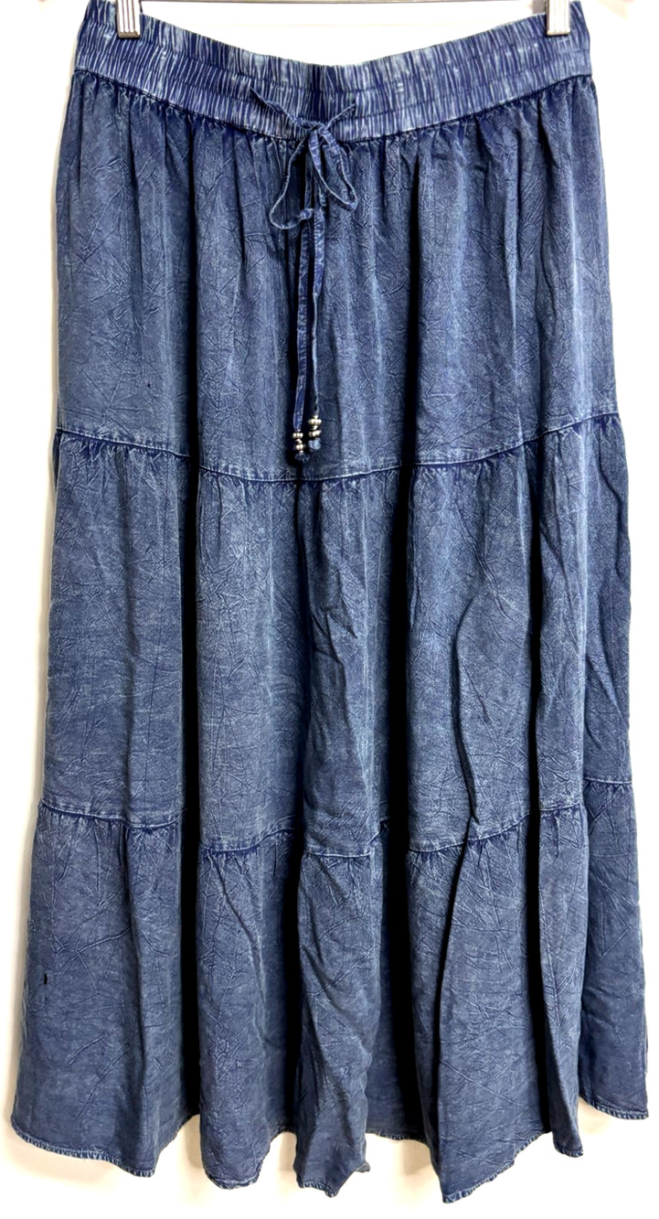 Gabrielle Tier Maxi Skirt Women 3X Blue Acid Wash Elastic Drawstring Women New